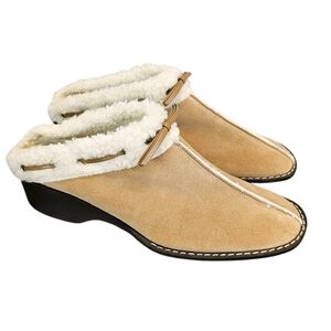 Talbots Suede Shearling Lined Mules Sz 7 Cozy Winter Clog Shoes Tan Classic